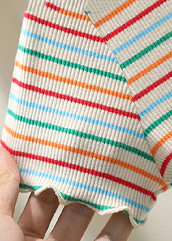Cute White O-Neck Striped Knit Cotton Girls Top Summer