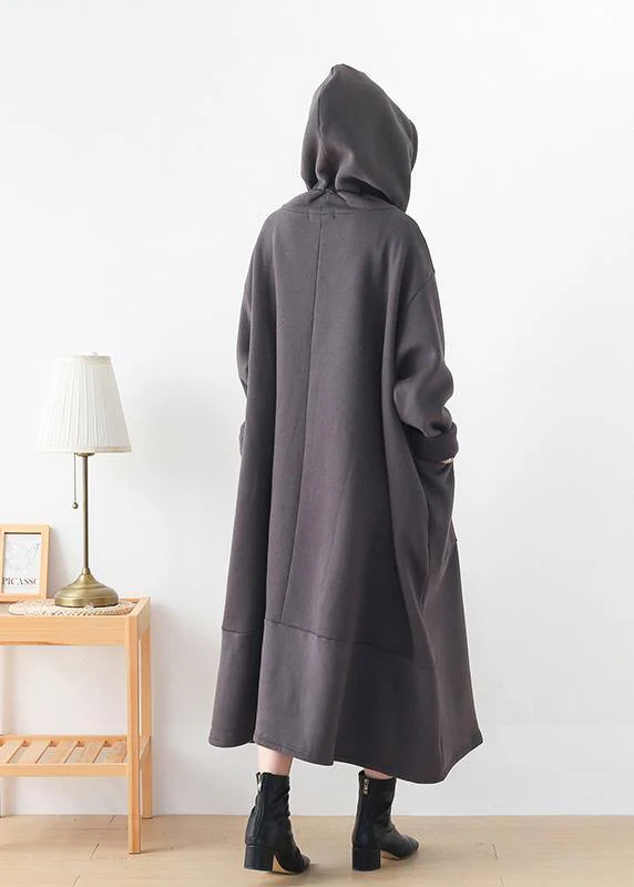 Classy dark gray Tunic hooded asymmetric long Dresses