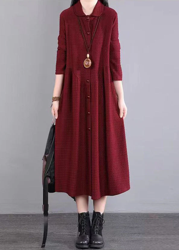 Natural Red Peter Pan Collar Patchwork Cotton Shirts Dress Fall